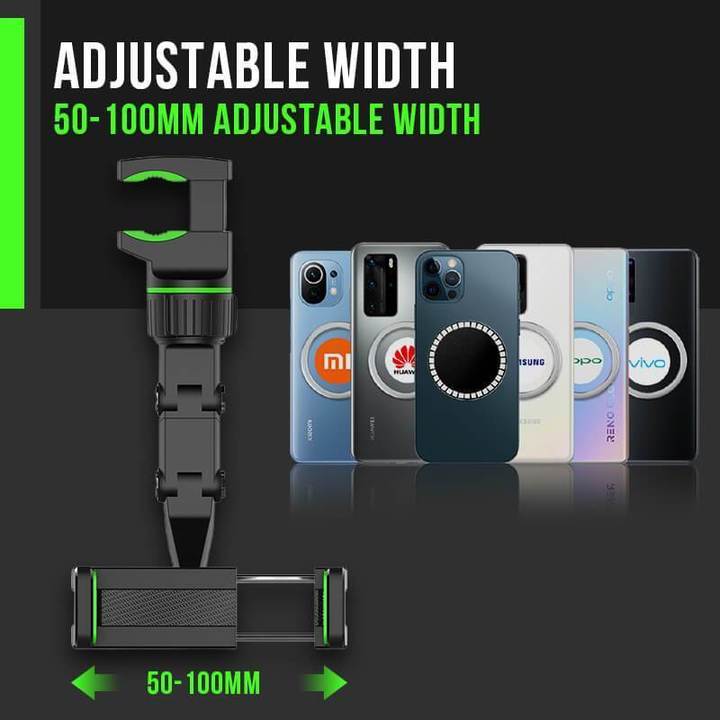 Adjustable car phone holder for rear view mirror, designed for 360-degree viewing of smartphones