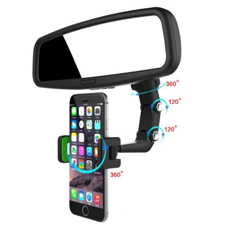 Close-up of a 360-degree rotating phone holder, securely fastened to a car's rear view mirror