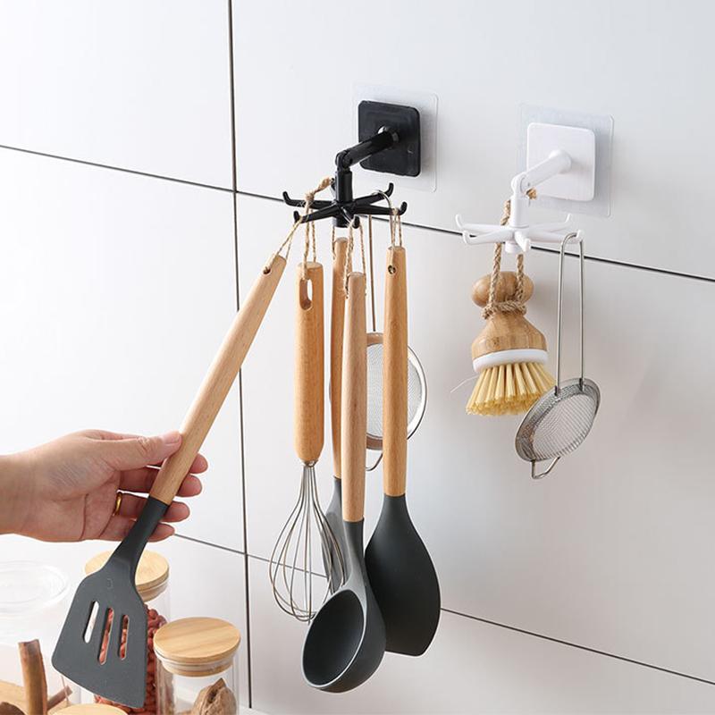 360-degree rotating folding utility hook for kitchen and home organization, adhesive storage solution