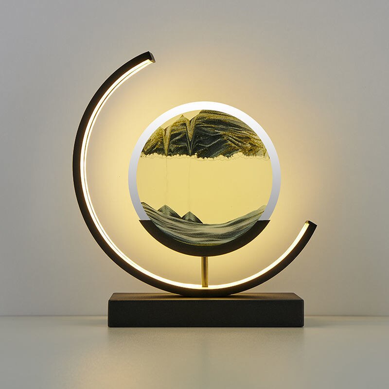 "3D Sand Shell Table Lamp emitting soothing green LED light; modern art-inspired design with dynamic sand patterns."