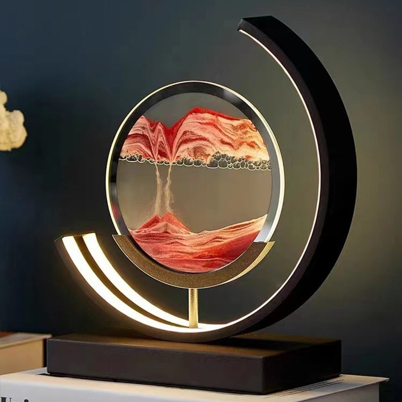 "3D Sand Shell Table Lamp emitting soothing green LED light; modern art-inspired design with dynamic sand patterns."