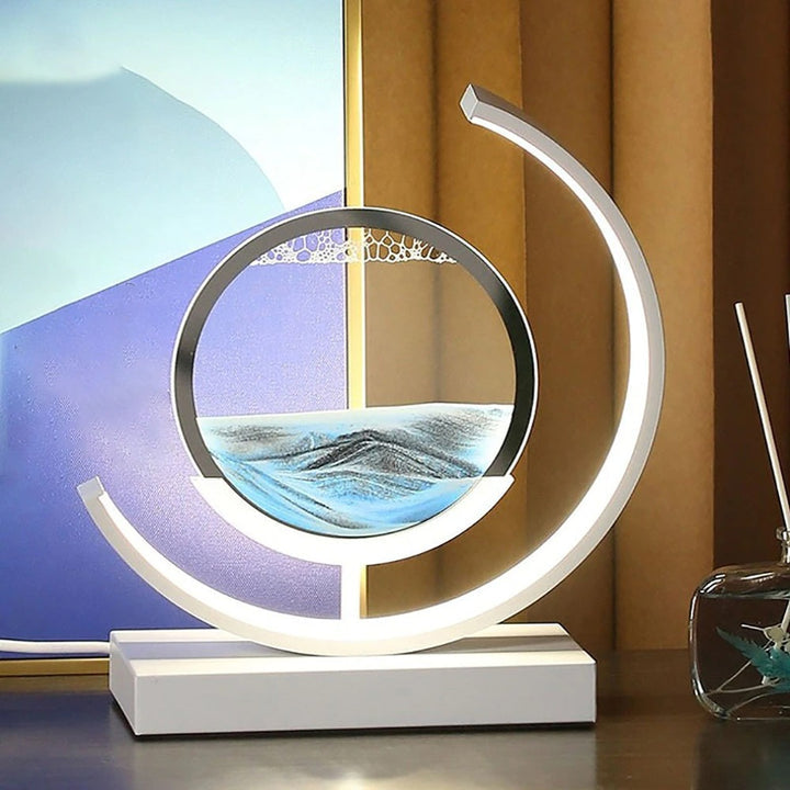 "3D Sand Shell Table Lamp emitting soothing green LED light; modern art-inspired design with dynamic sand patterns."