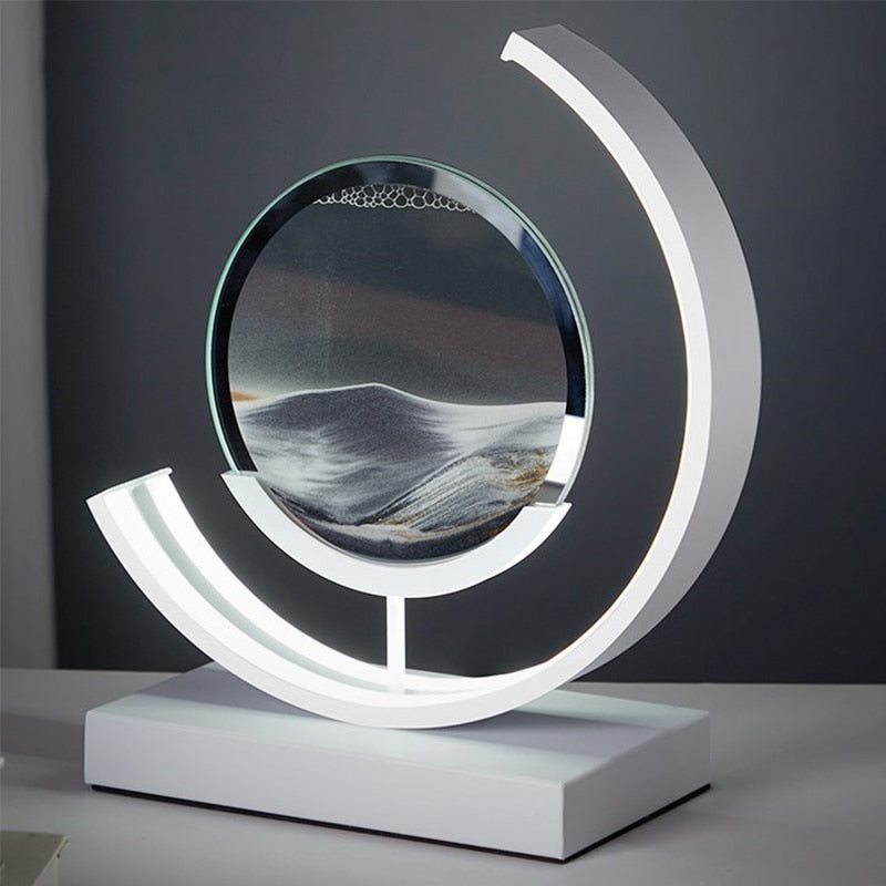 "3D Sand Shell Table Lamp emitting soothing green LED light; modern art-inspired design with dynamic sand patterns."
