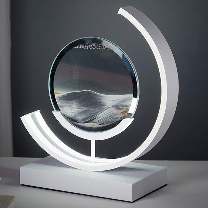 "3D Sand Shell Table Lamp emitting soothing green LED light; modern art-inspired design with dynamic sand patterns."