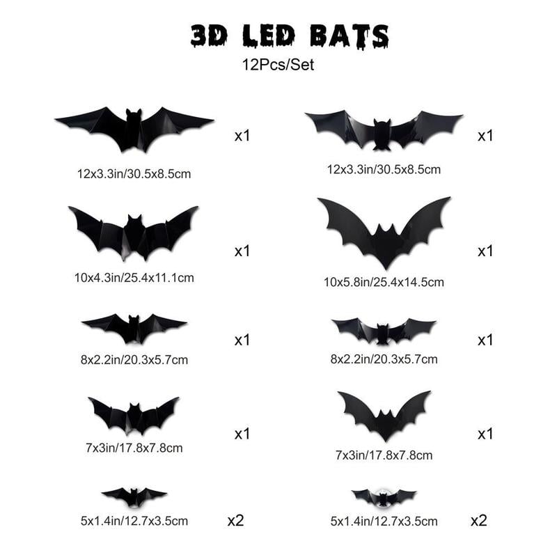 Assorted 3D bat LED decorations showcasing their glowing effect, great for Halloween and gothic themes