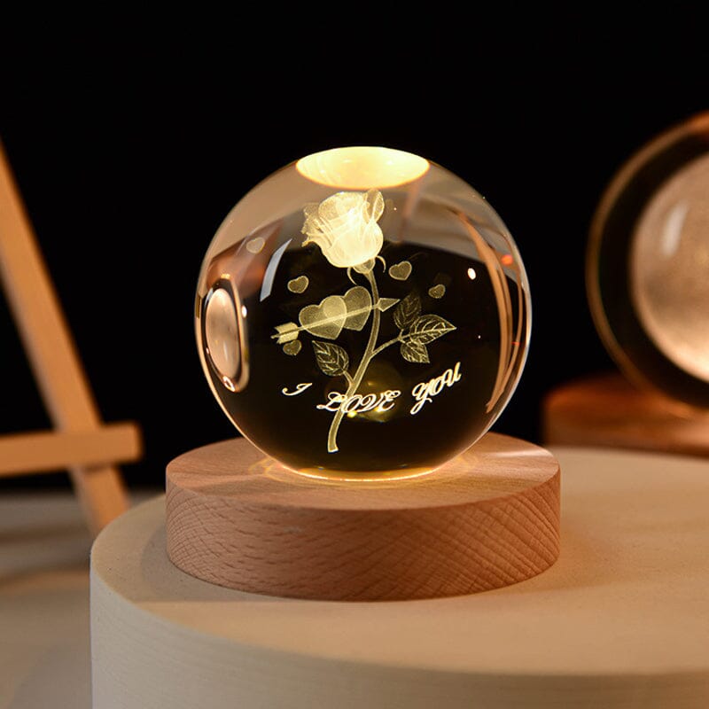 Artistic 3D crystal ball, illuminated, sits on a sturdy wooden base
