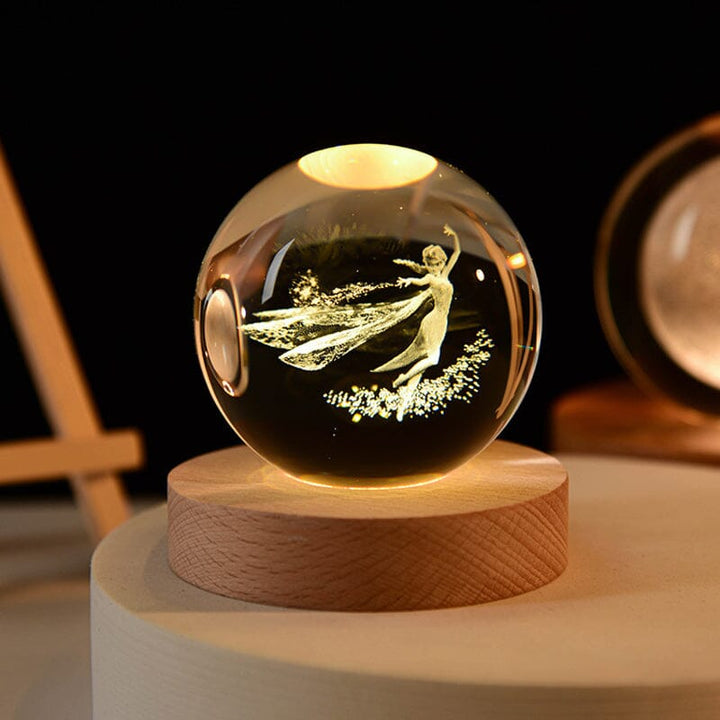 Unique gift for home: 3D engraved crystal ball night light with wood