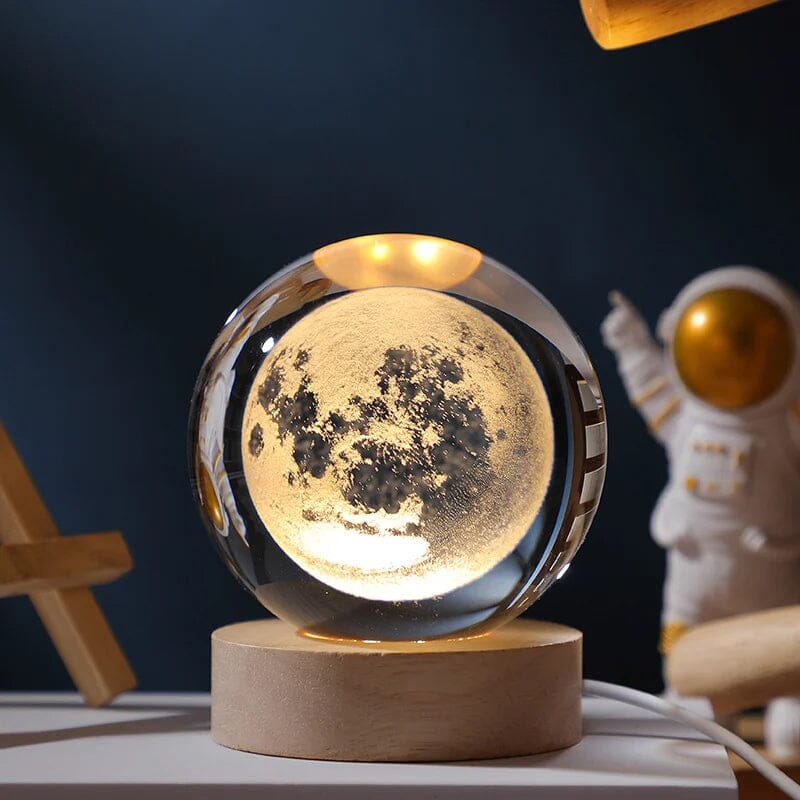 Unique crystal decor: 3D engraved sphere with natural wood base & light