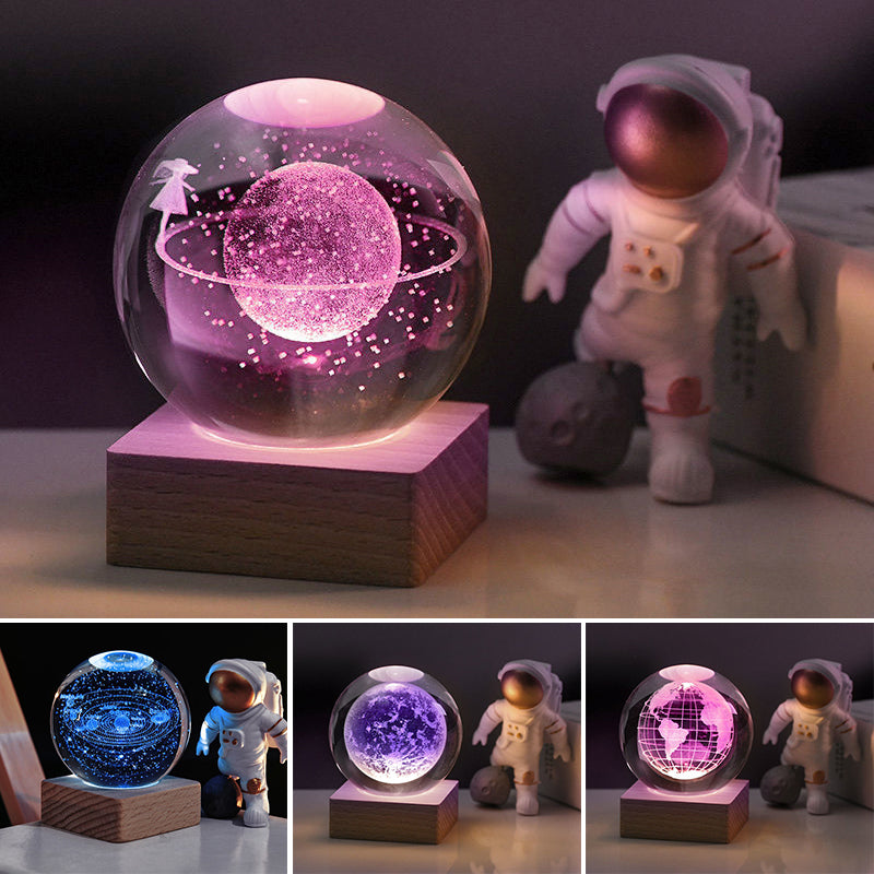 3D engraved crystal galaxy sphere night light with LED base, perfect for space-themed home decor