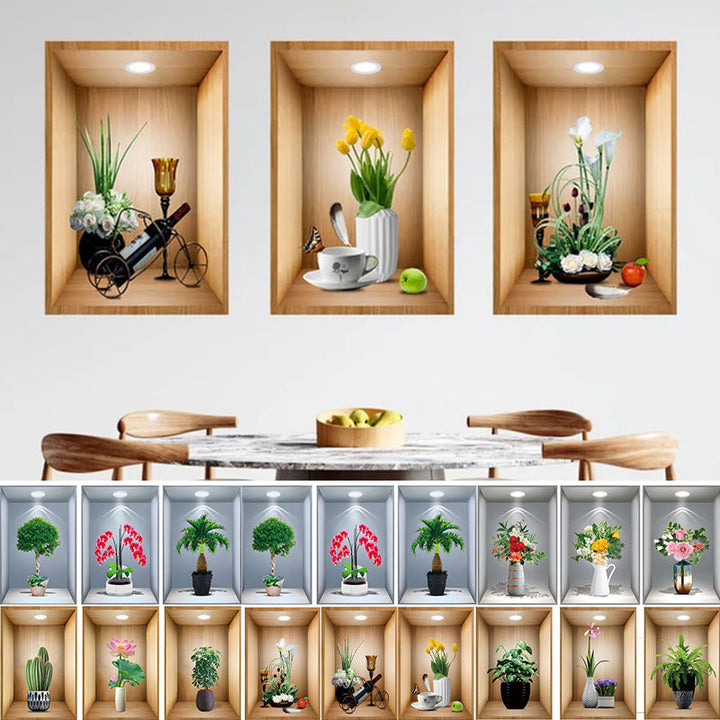 3D floral vase wall decal, aesthetic home decor, peel and stick PVC sticker