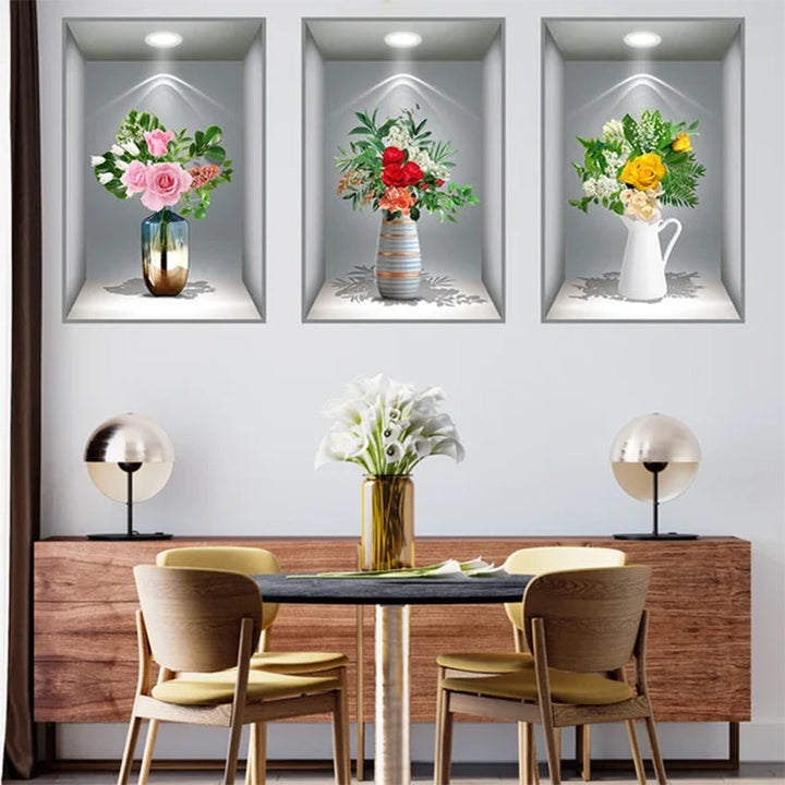 Matte finish 3D floral vase wall decal, elegant room aesthetic, peel and stick decor