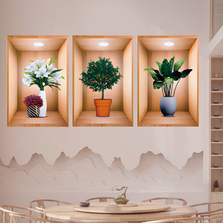 Full view of a 3D floral vase wall decal, elegant home decor, easy peel and stick