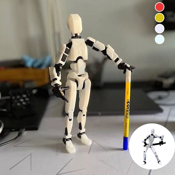 3D printed multi-jointed robot action figure in a dynamic pose, great for artist reference