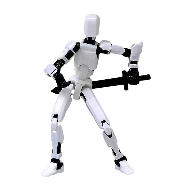Artist's sketchbook next to a 3D printed robot action figure used for pose reference