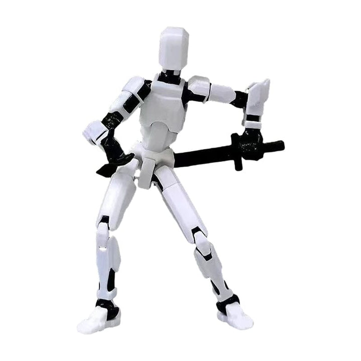 Artist's sketchbook next to a 3D printed robot action figure used for pose reference