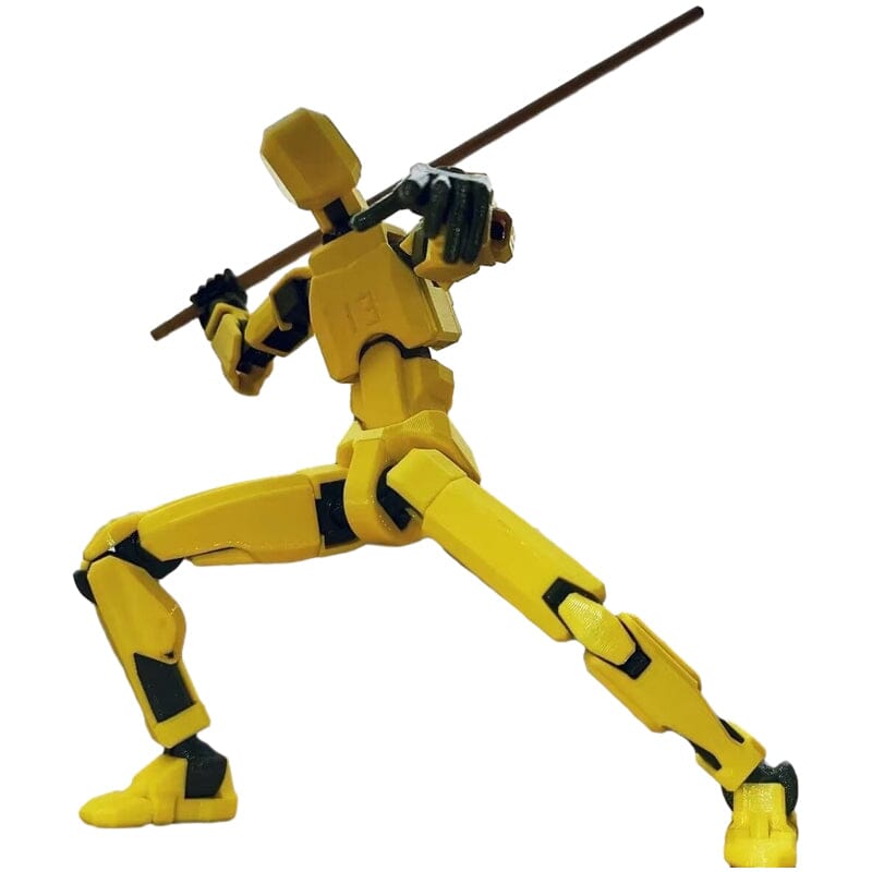 Multiple 3D printed robot toys with movable joints arranged in a fun, playful display
