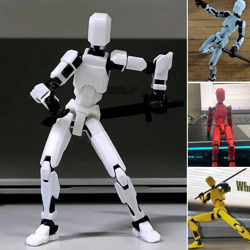 Close-up of a multi-jointed 3D printed action figure's articulated limbs, showcasing detail