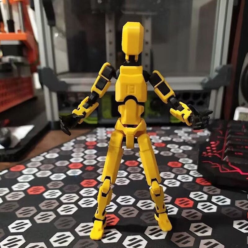 Collection of various 3D printed robot action figures, emphasizing diverse poses and play