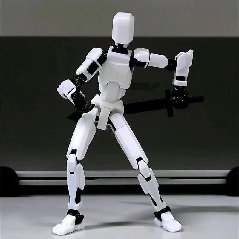 Unpainted 3D printed robot toy with movable joints, perfect for custom painting and creative play