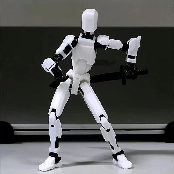 Unpainted 3D printed robot toy with movable joints, perfect for custom painting and creative play