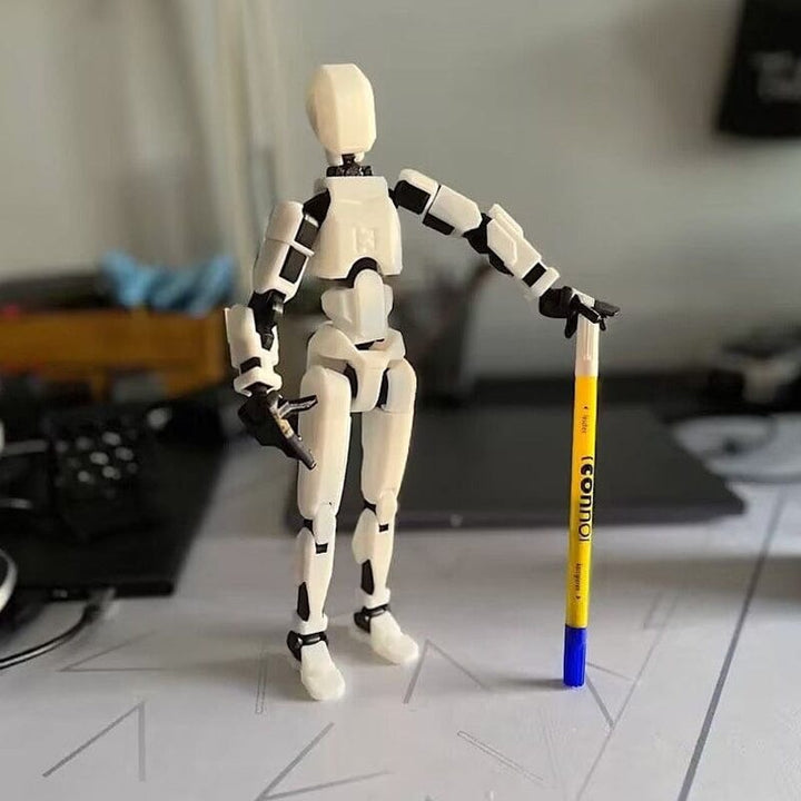 Side profile of a multi-jointed action figure robot, highlighting its flexible and unique form