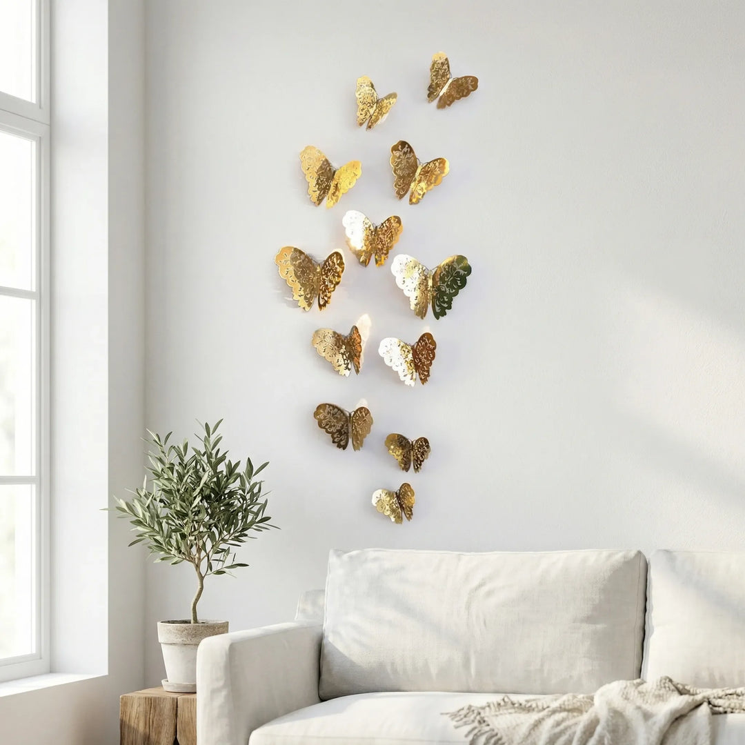 3D wall butterflies decor set with shimmering gold & silver accents for elegant home decoration.