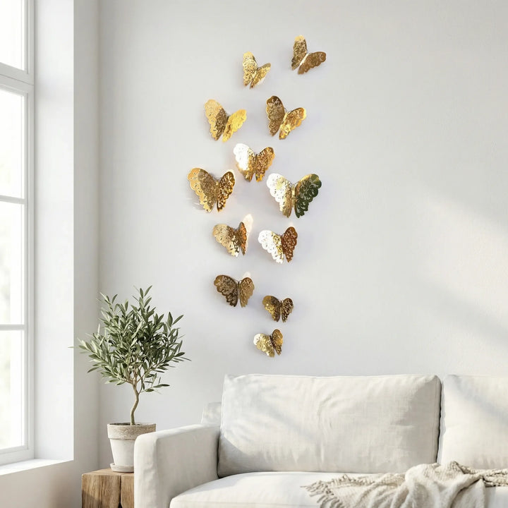 3D wall butterflies decor set with shimmering gold & silver accents for elegant home decoration.