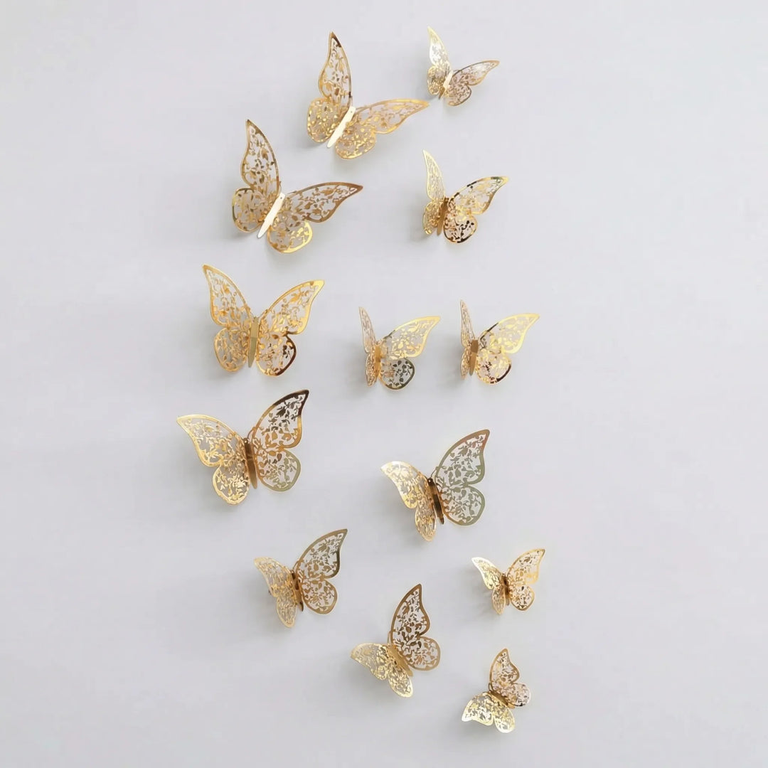 Gold and silver 3D butterfly wall decorations enhancing a festive party decor theme.