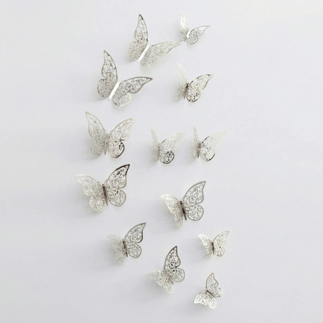 Elegant 3D wall butterflies in gold and silver, perfect home accents for a sophisticated living space.