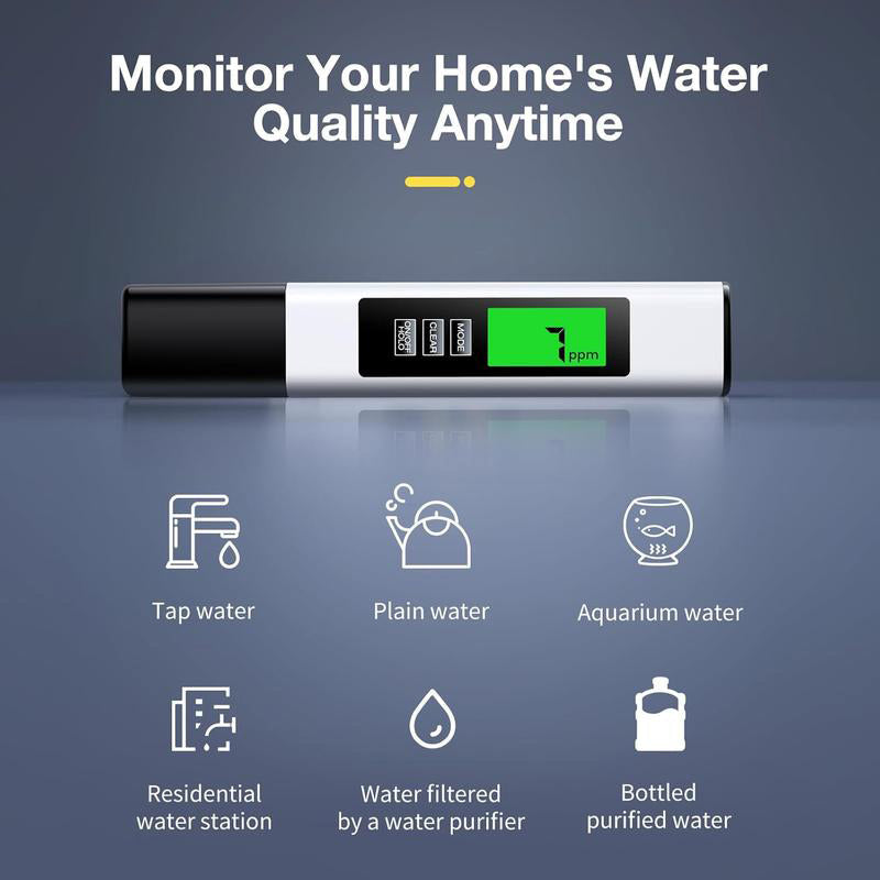 Digital water quality tester with a clear display, operating buttons, and protective cap removed