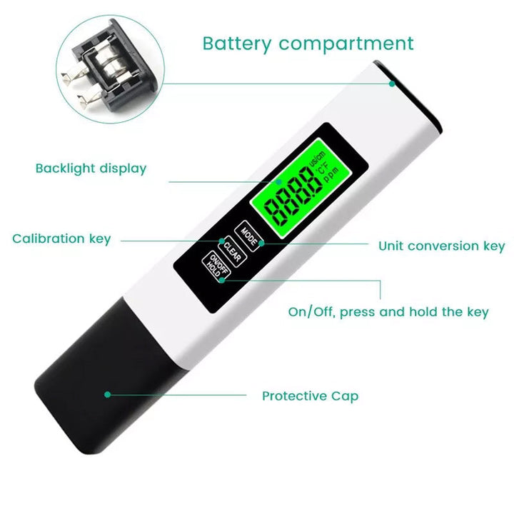 Water quality testing tool, a 4-in-1 digital meter with temperature compensation feature
