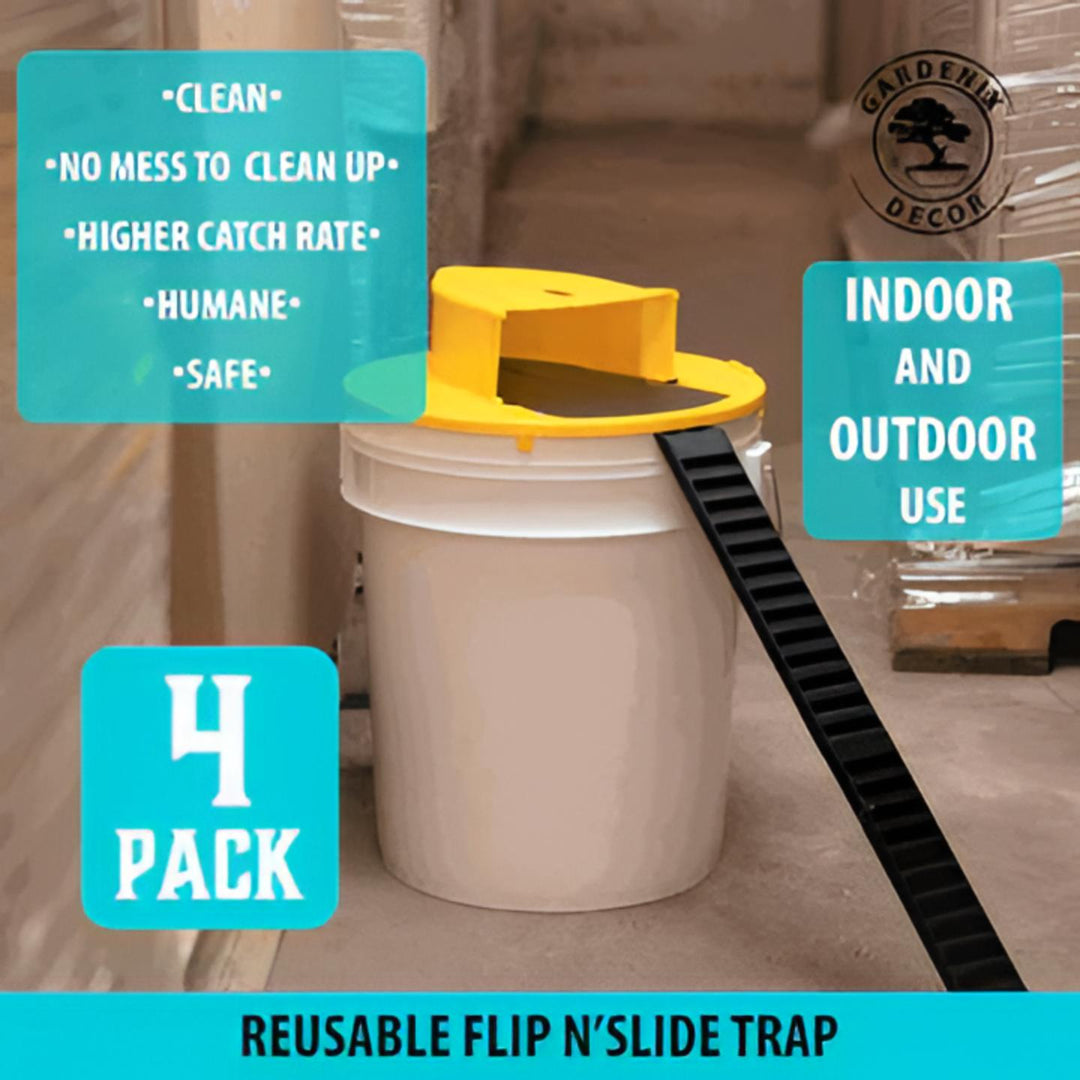 Universal 4-pack bucket lid mouse traps for humane & reusable rodent control. Automatic pest solution for home defense.