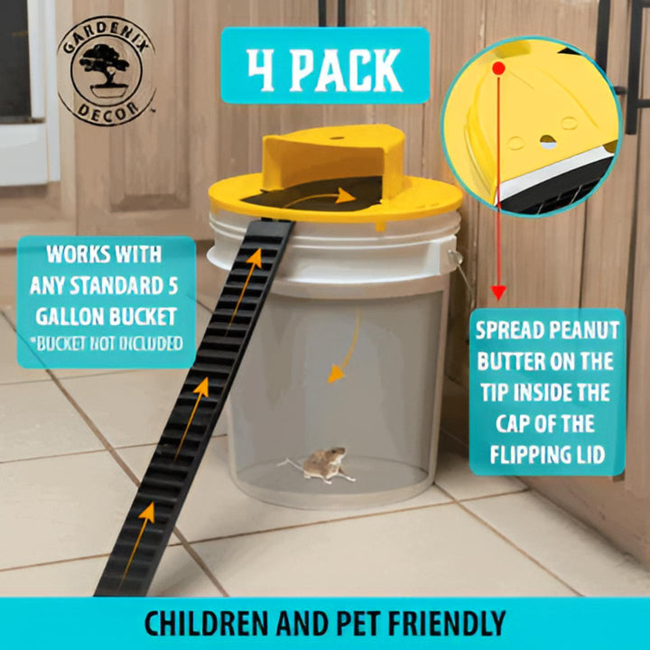 Automatic 4-pack bucket lid mouse traps for efficient pest control. Reusable rodent trap for indoor & outdoor use.