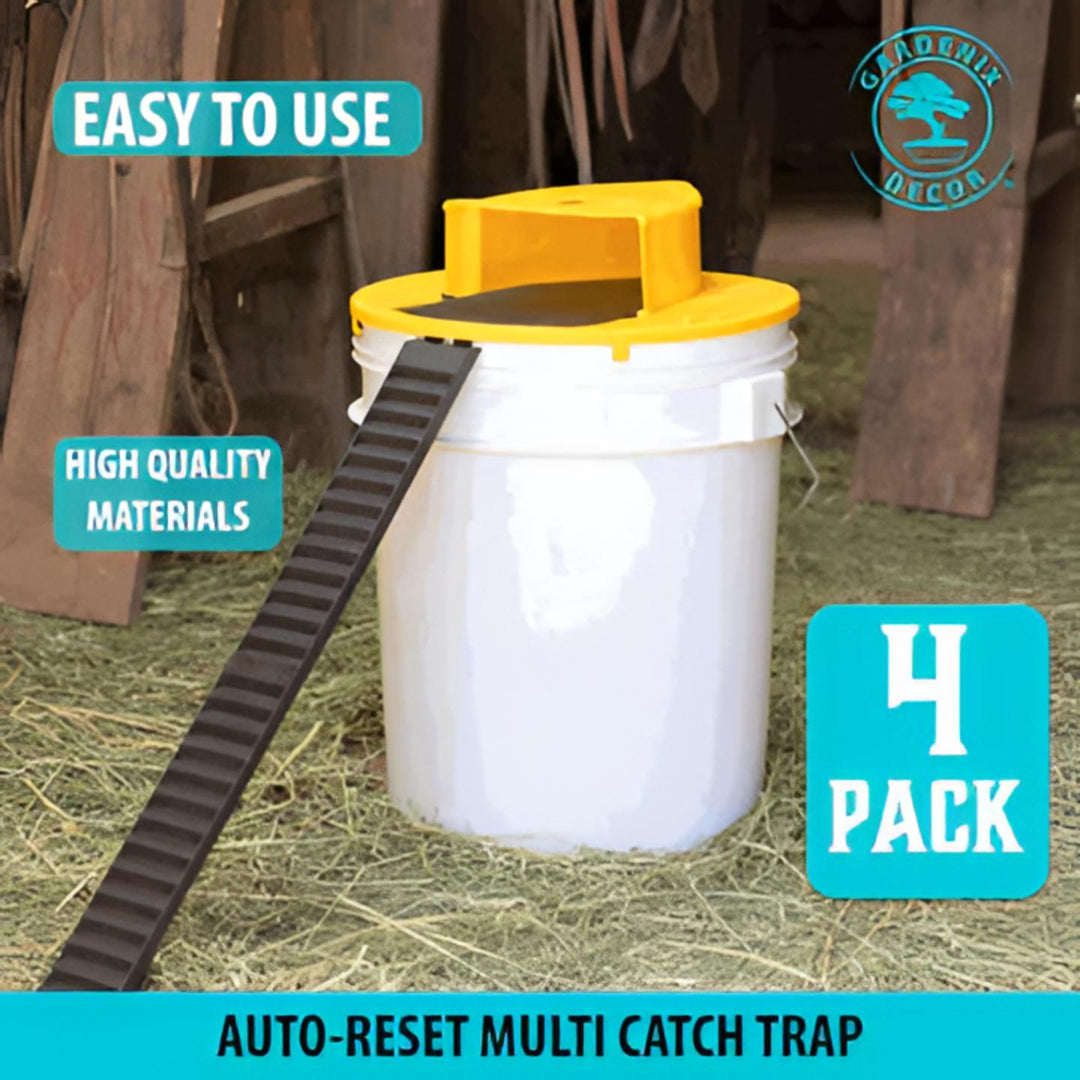 Rodent control 4-pack bucket lid mouse traps for home defense. Reusable, automatic pest solution for any environment.