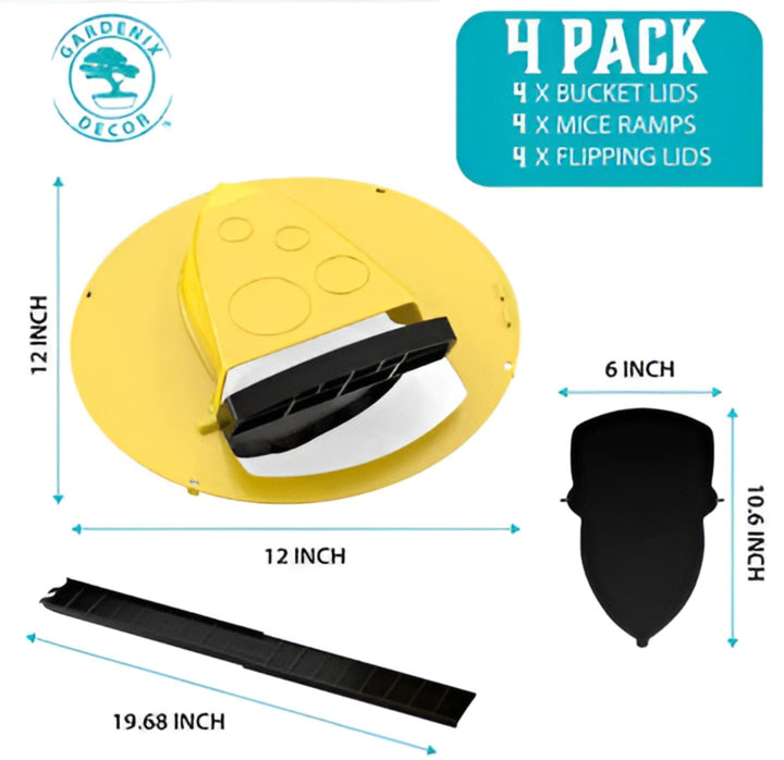 Set of 4 universal bucket lid mouse traps designed for automatic & reusable rodent control. Effective indoor/outdoor solution.