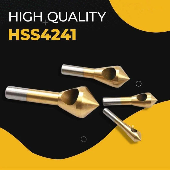 Versatile 4 piece titanium coated countersink and chamfer bit set for drilling in various materials