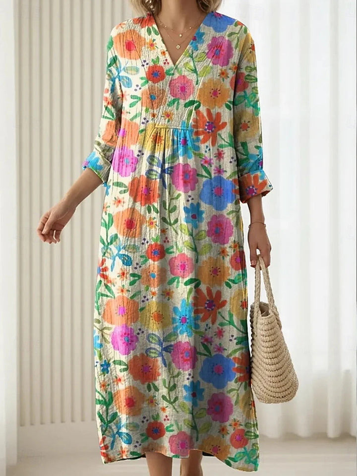 Women's Boho Floral V-Neck Pocket Midi Dress - Effortless Style