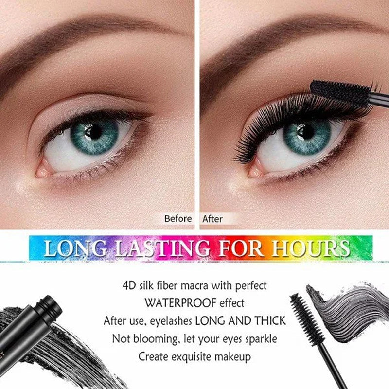 Tube of 4D Liquid Lash Extensions Mascara, emphasizing its black, smudge-proof, and lengthening properties.