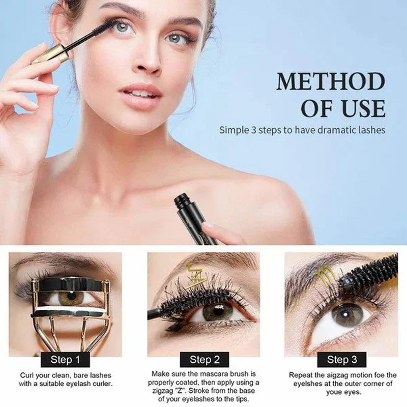 Woman applying 4D Liquid Lash Extensions Mascara to her upper lashes for enhanced volume and length.