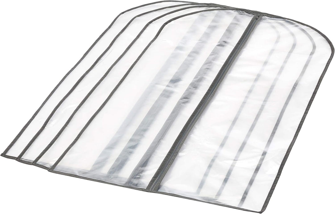 Clear PEVA garment bags, 5-pack, with zippers for suit protection, closet organization & travel storage.