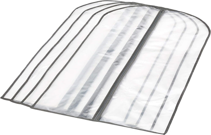 Clear PEVA garment bags, 5-pack, with zippers for suit protection, closet organization & travel storage.