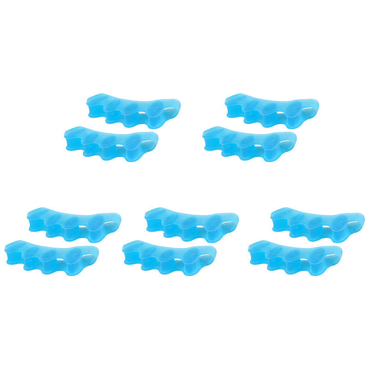 A pair of gel toe separators worn, showing how they gently stretch and align toes for better foot health.