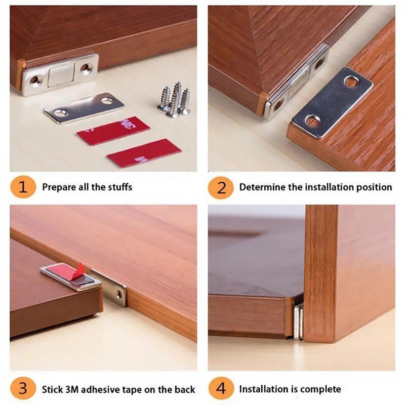 Magnetic catch hardware for cabinets, a 5-piece punch-free solution for secure and tidy doors.