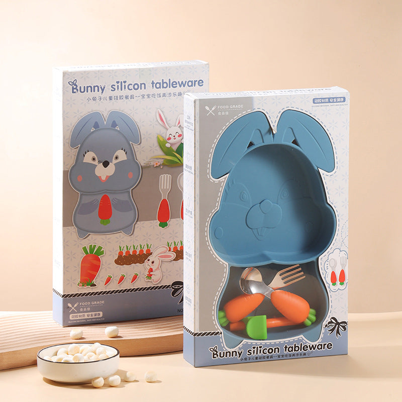 Vibrant blue 5-piece toddler feeding set, including a suction plate, for enjoyable baby mealtime