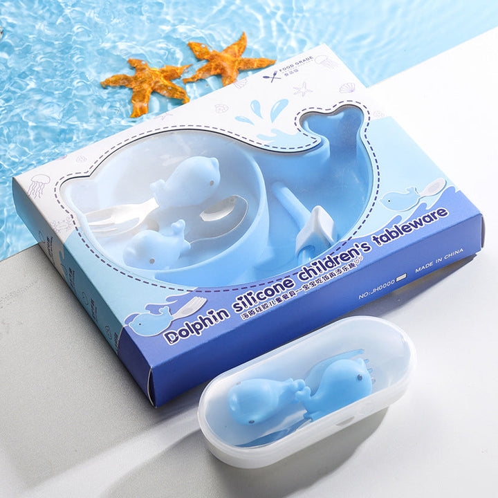 Durable BPA-free silicone toddler tableware, including a suction plate and utensils, built to last
