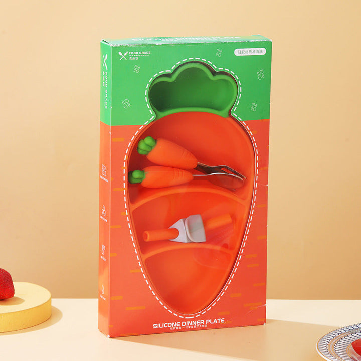 Child-safe silicone suction plate and utensil set for toddlers, promoting independent baby feeding