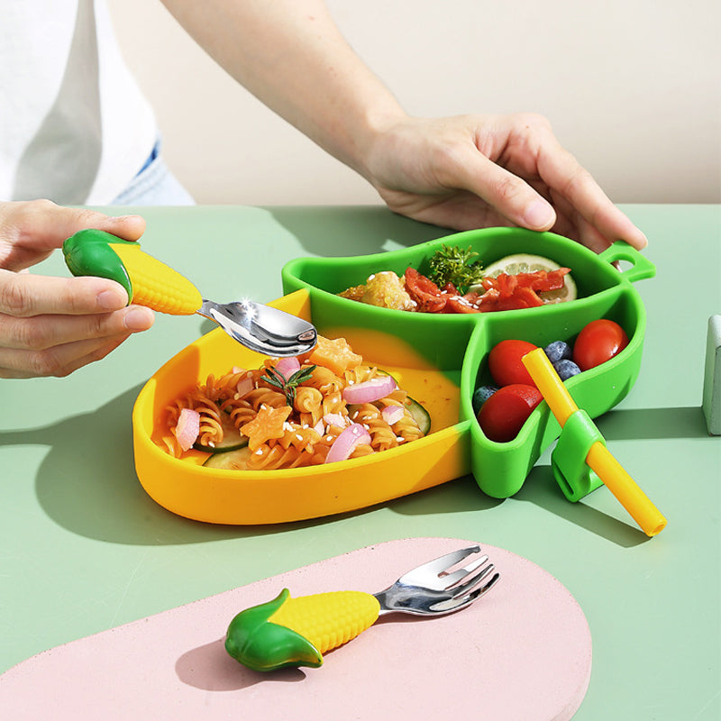 Toddler utensil set with a fork and spoon, designed for baby self-feeding, included in 5-piece kit