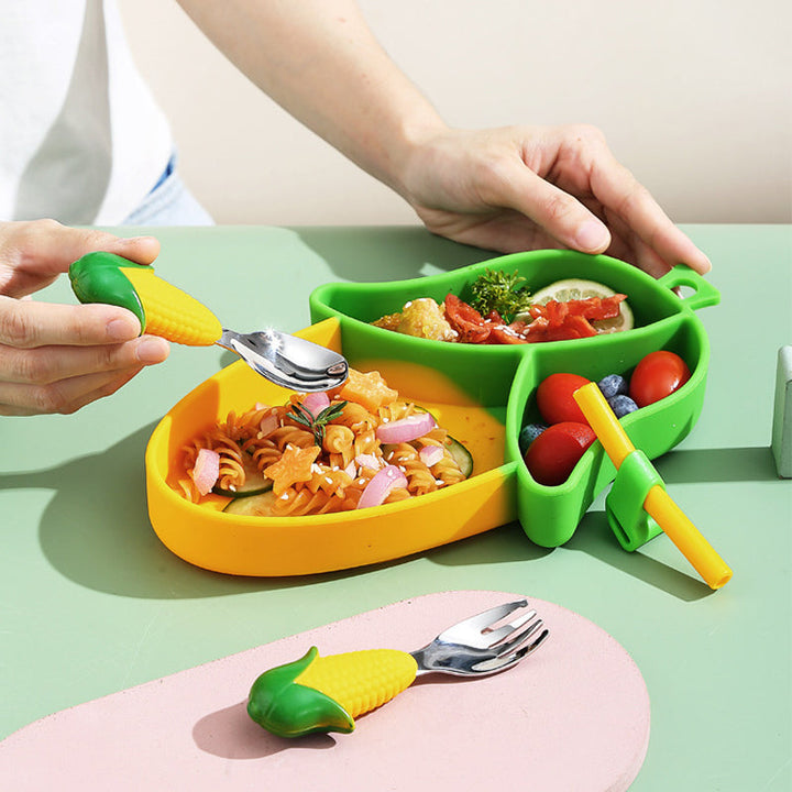 Toddler utensil set with a fork and spoon, designed for baby self-feeding, included in 5-piece kit