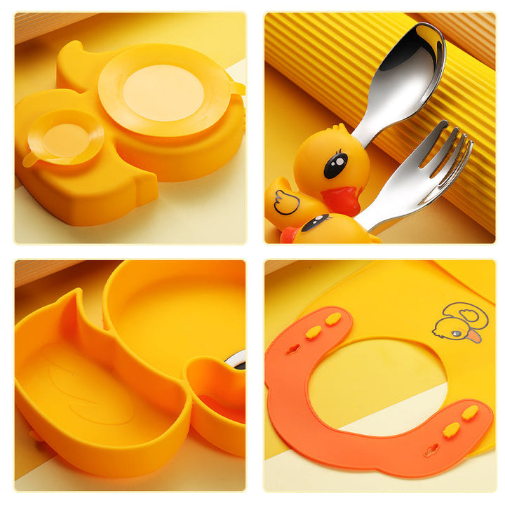Cute design toddler tableware: silicone suction plate, bowl, cup, fork, and spoon for baby mealtime