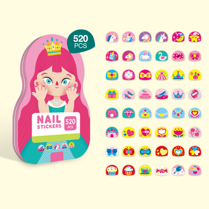Overview of the extensive 520pcs kids nail sticker collection, perfect for imaginative play